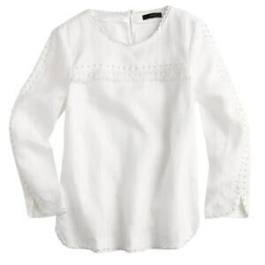 J.Crew White Linen Pom Pom Tassel Long Sleeve Top SZ 0